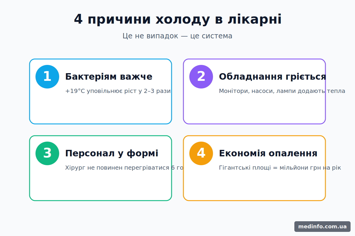 Інфографіка з 4 причинами низької температури в лікарні: бактерії, обладнання, персонал, енергоефективність