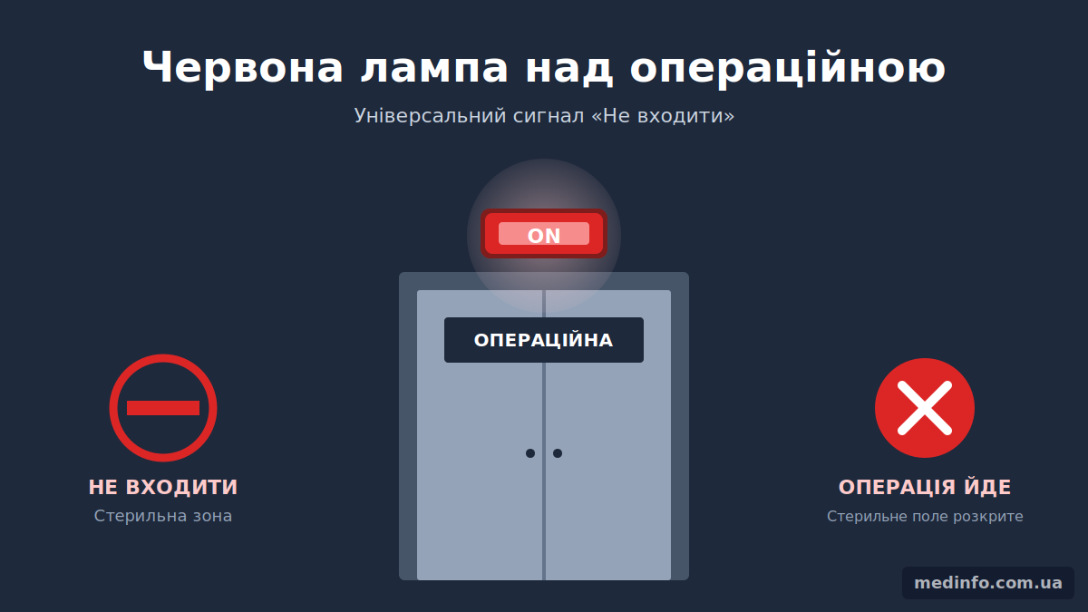 Червона сигнальна лампа над дверима операційної в лікарні — режим стерильності