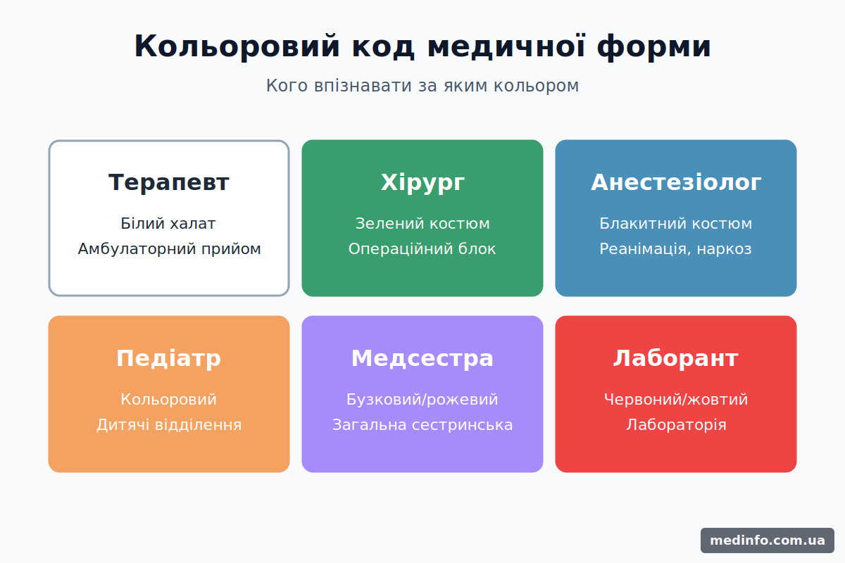 Кольорова схема форми медичного персоналу Інфографіка з кольоровою схемою форми лікарів: білий — терапевт, зелений — хірург, блакитний — анестезіолог