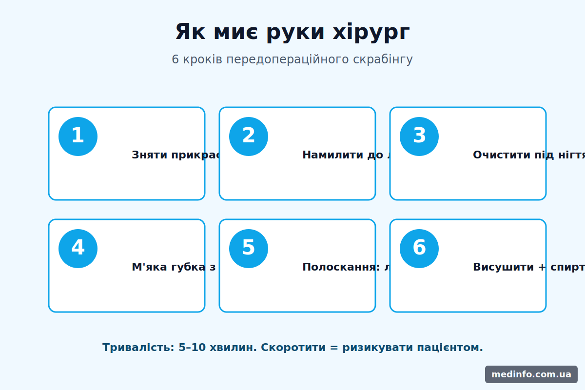 Інфографіка покрокової хірургічної антисептики рук: 6 етапів від відкривання крана до висушування