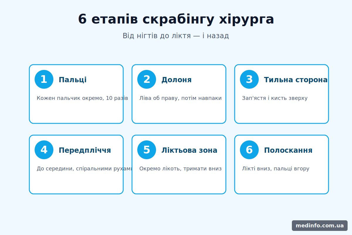 Інфографіка з 6 етапами хірургічного миття рук: пальці, долоня, тильна сторона, передпліччя, ліктьова зона